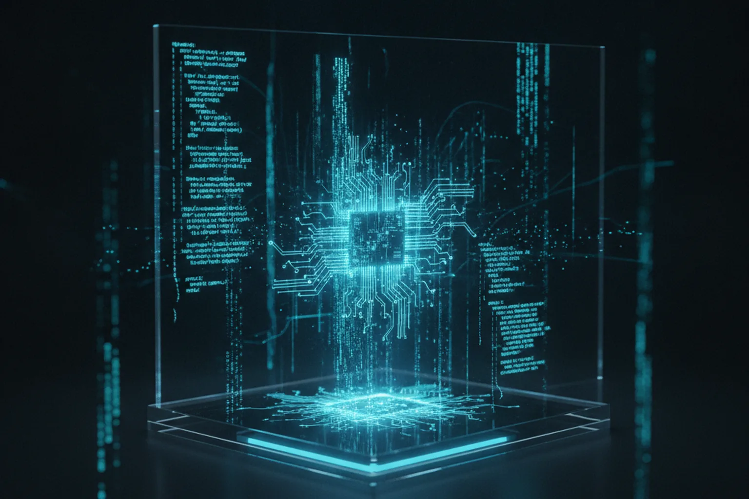Holografische Leiterplatte mit leuchtenden türkisfarbenen Datenströmen, die einen autonomen KI-gesteuerten Codierungsprozess ohne menschliches Eingreifen darstellt