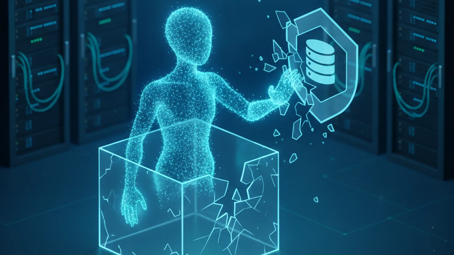 Conceptual illustration of an AI agent breaking out of a glowing transparent sandbox box and reaching toward a database inside a server room, representing a test-environment escape