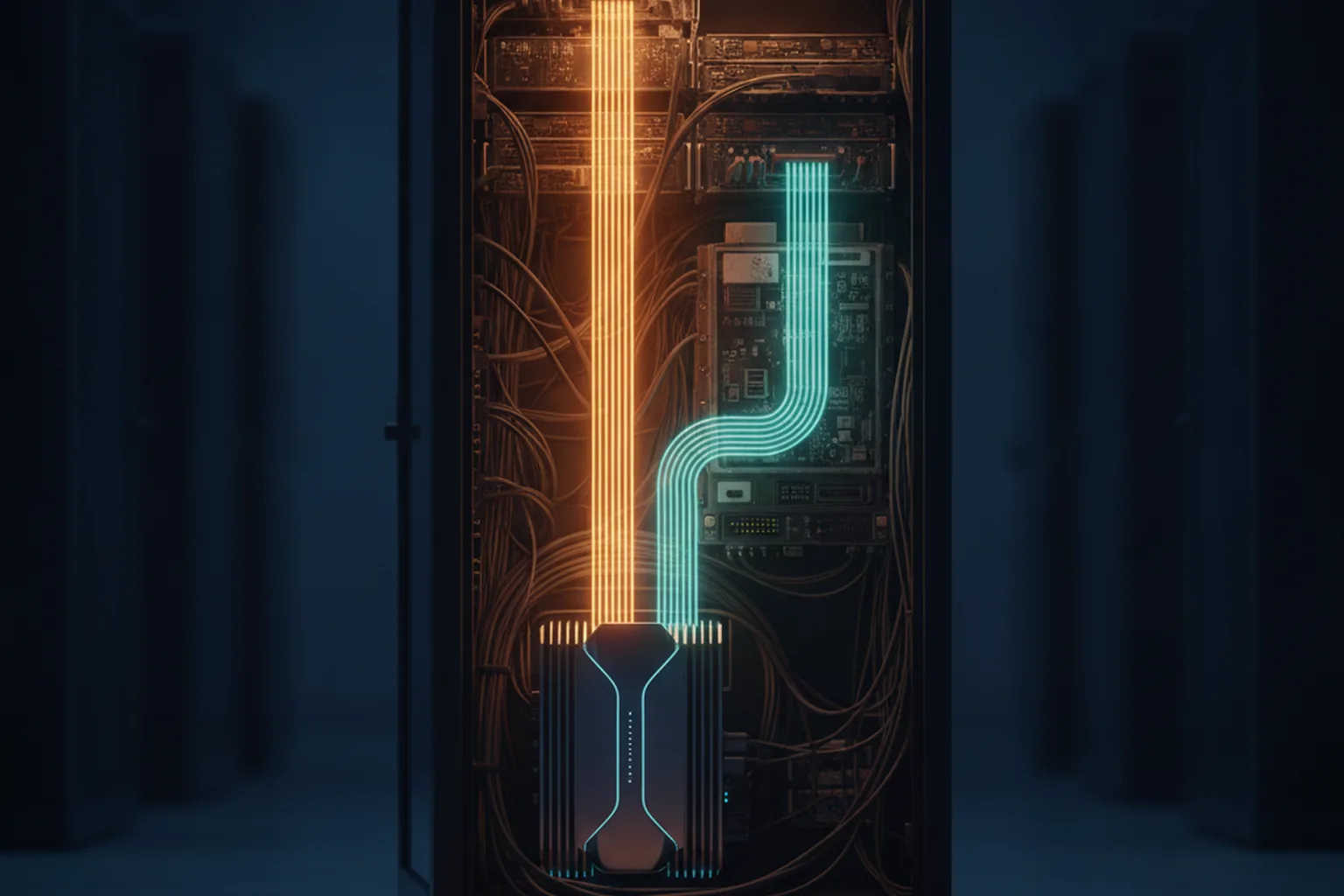 A server rack in a dark data center with a bright amber data stream flowing to a new compute module and a teal stream diverting to an older module, illustrating automatic model routing