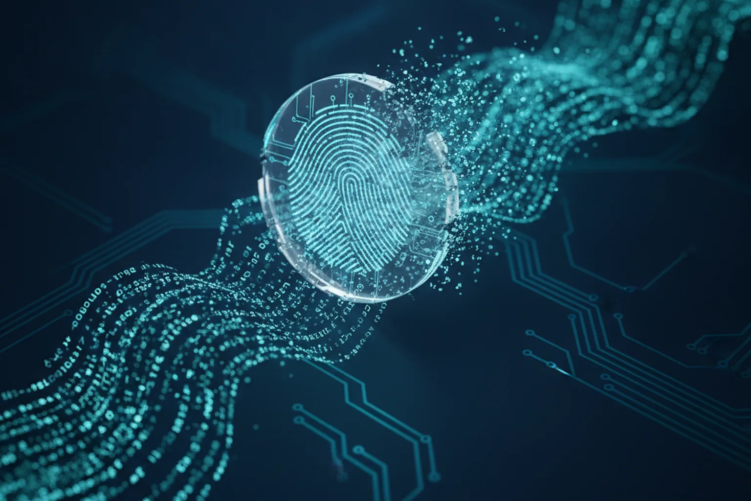 Translucent digital fingerprint stamp dissolving into glowing cyan data streams over a dark navy circuit board background, representing invisible machine-readable AI content provenance