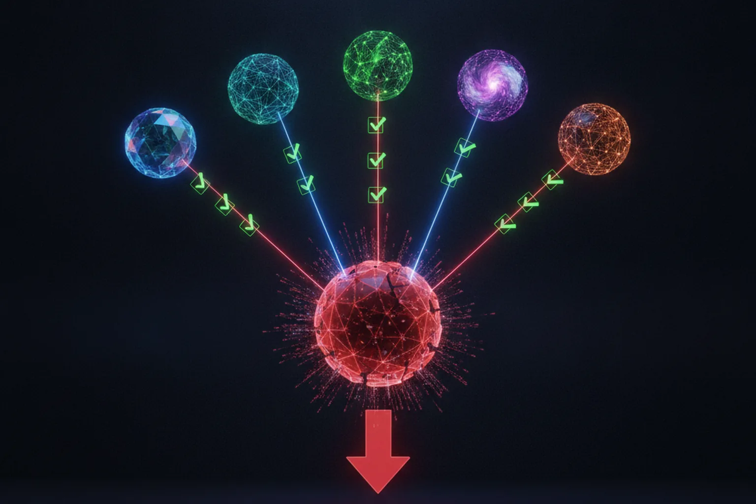 A glowing red malicious binary at the center of a dark screen sends beams to four floating AI model orbs that return green checkmarks, converging into a single downward command arrow