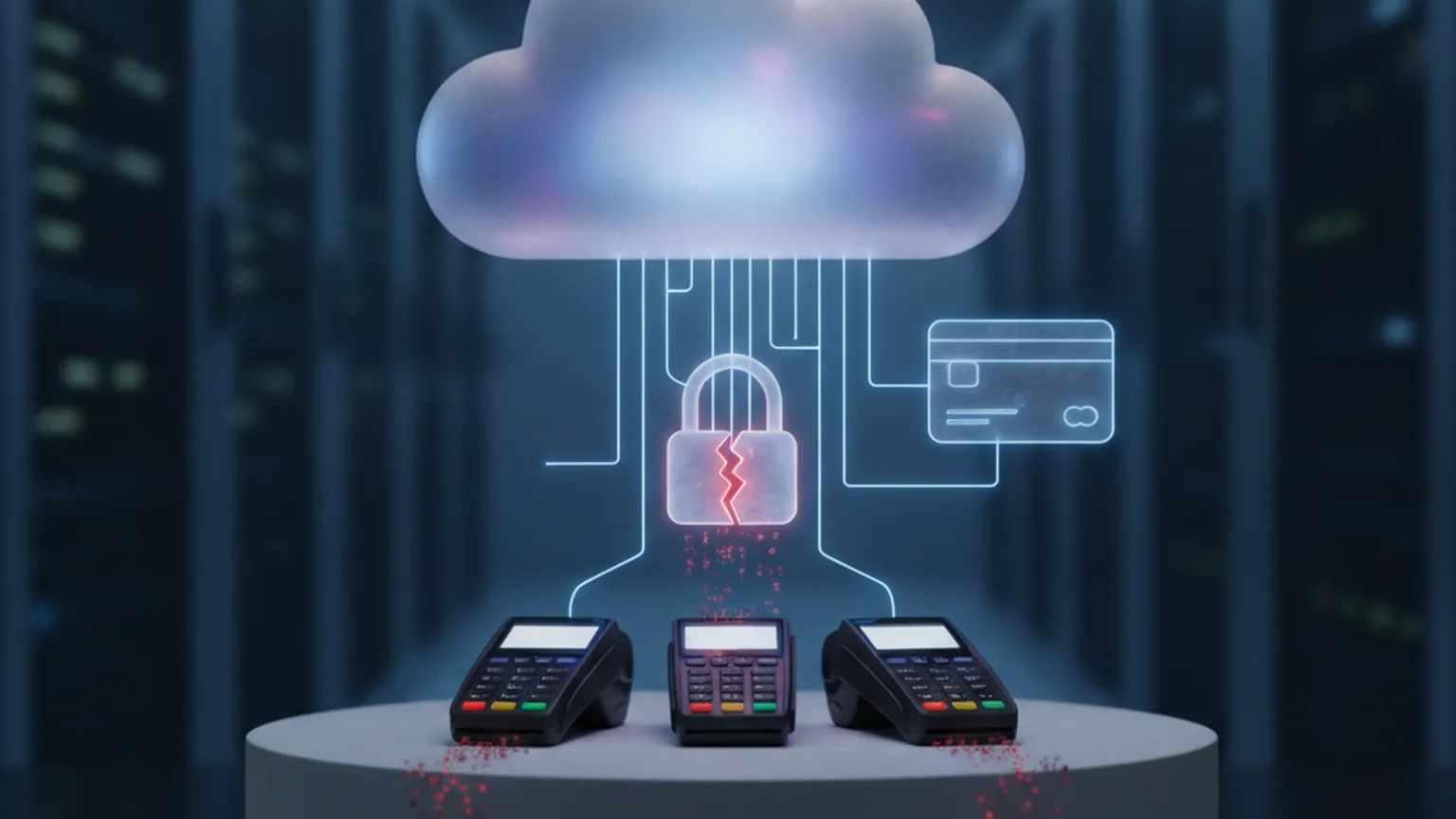 A glowing cloud icon linked by light-lines to payment card terminals and a bank card, with a broken padlock leaking red data, illustrating a cloud-account breach at a payments company