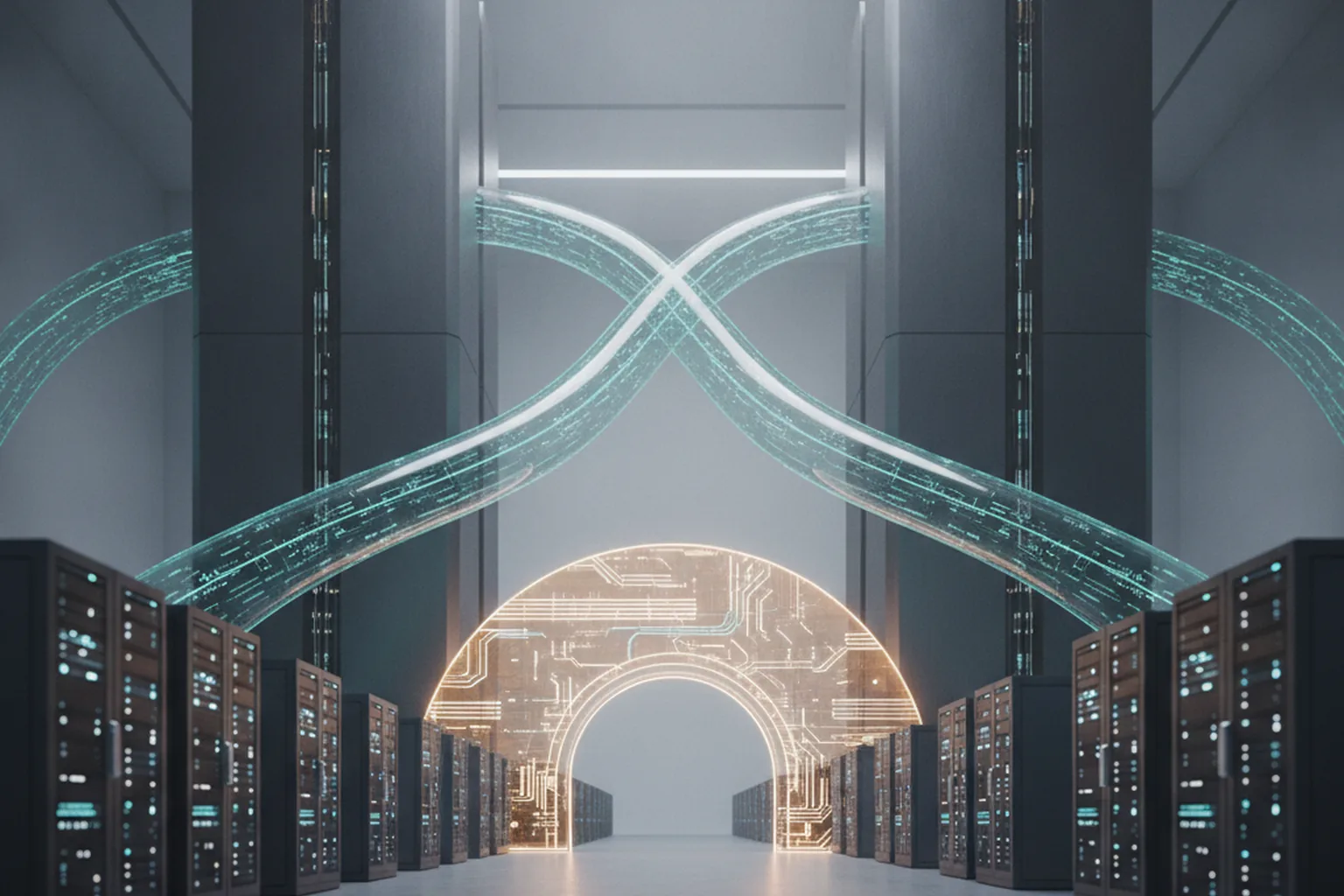 Two large server towers in a data center linked by glowing teal data streams to rows of smaller racks, with an amber arched gateway between them, representing regulated interoperability between cloud platforms