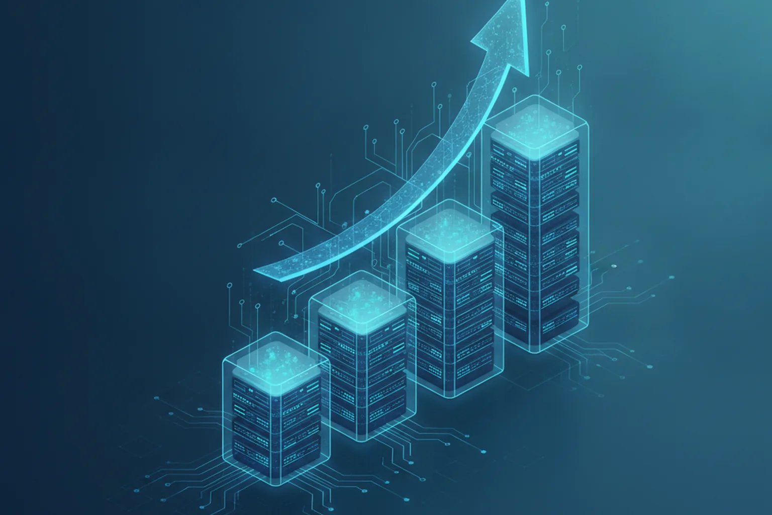 Isometric illustration of an upward-climbing bar chart built from glowing cloud data-center server racks, with a rising arrow and abstract AI circuit lines over a dark blue background