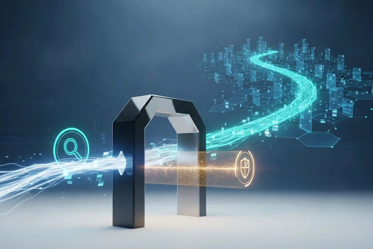 A glowing gateway splitting one data stream into two paths: a search beam flowing freely toward a web of page nodes, and a training beam held back by a translucent shield barrier