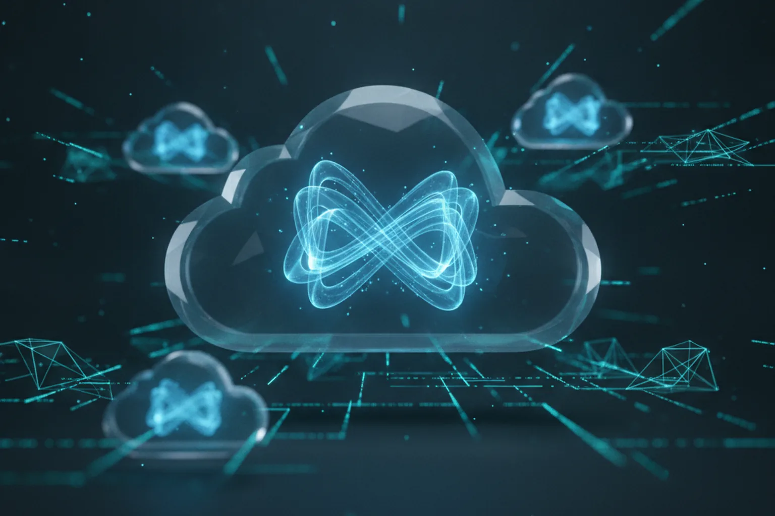 Abstract cloud computing nodes connected by glowing cyan data streams on dark background, representing lightweight distributed browser infrastructure for AI agents