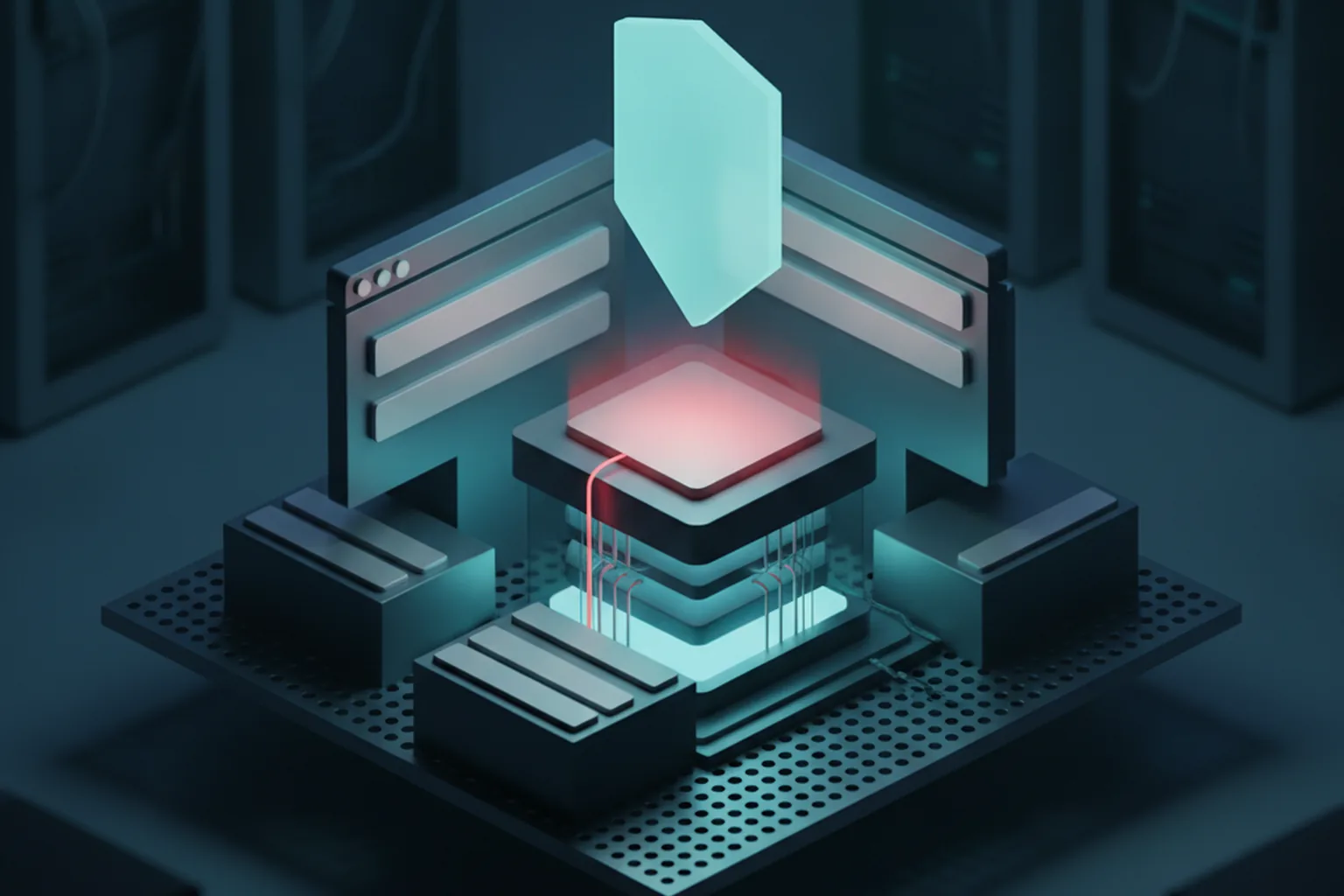 Isometric illustration of a modular website platform in a dark server room, with one glowing red block wired into the server core and a teal shield-shaped patch plate hovering above it