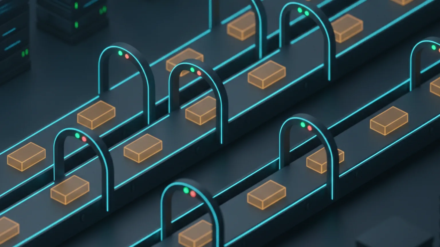 Isometric illustration of parallel conveyor lanes carrying code blocks through test gates with green and red status lights, server racks in the background
