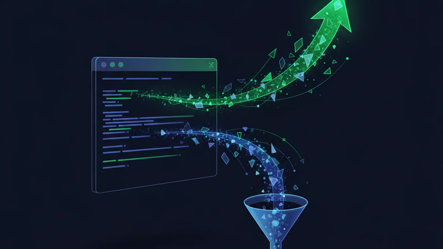 A terminal window streaming lines of code that split into two glowing paths — a green upward path signalling low price and a blue path draining into a data collection funnel, illustrating a cheap AI coding agent that trains on your data