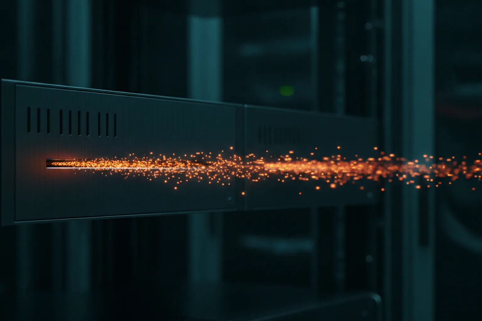 A compact server module in a dark data center emitting a dense, fast stream of amber light particles, illustrating faster and more efficient model output