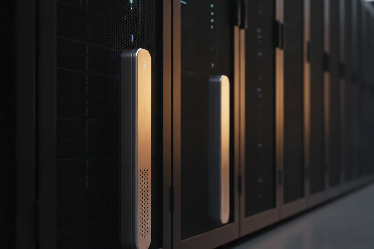 A row of dark server racks with compact, warmly lit modules in the foreground, illustrating a smaller, cheaper model delivering near-flagship performance