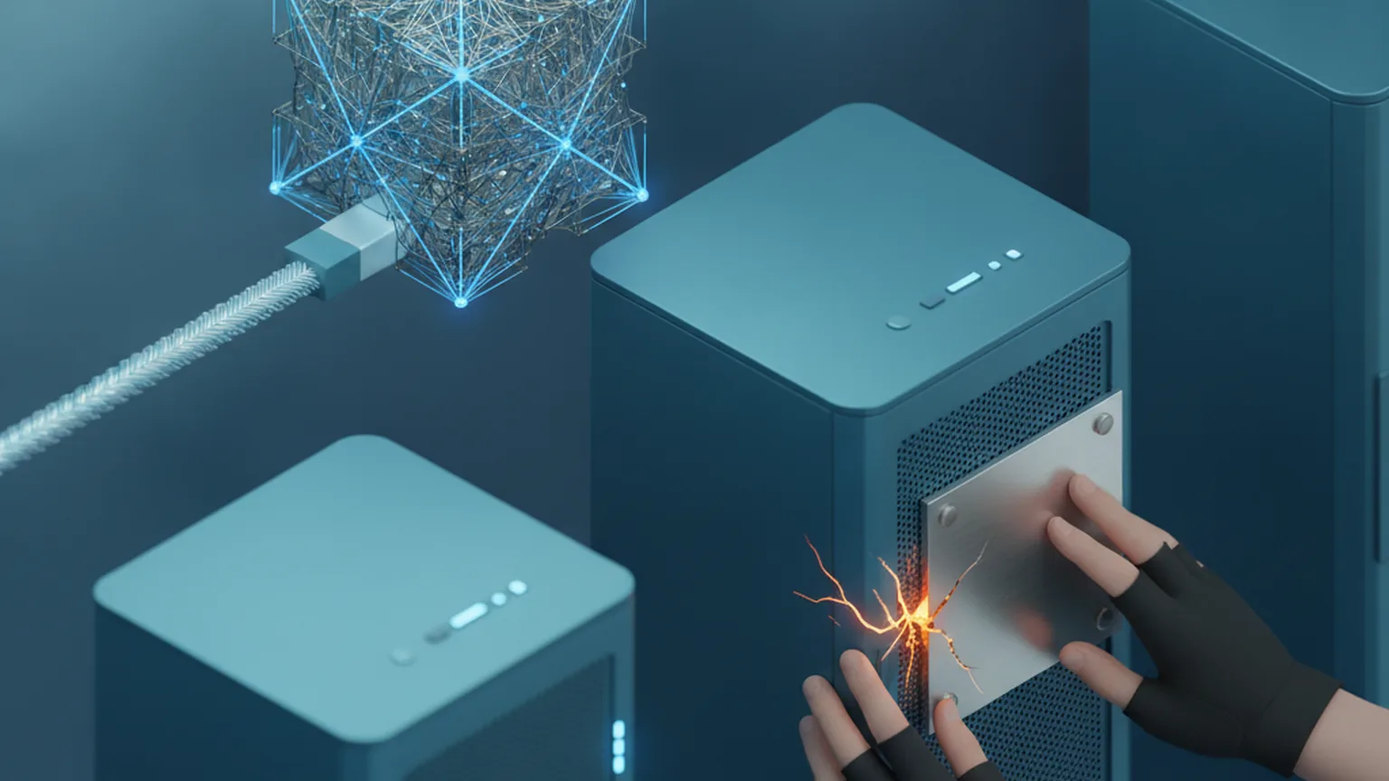 Isometric illustration of a compressed data cube arriving over a network cable at server racks, with a technician fixing a metal patch over a glowing crack in one server