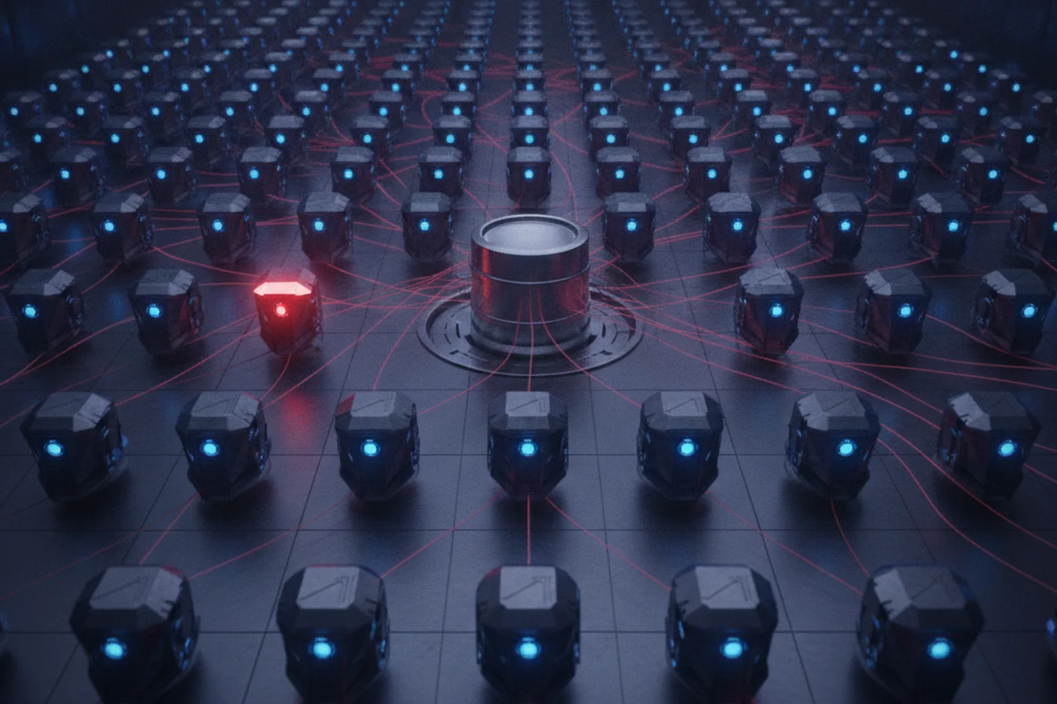 Grid of dark compute nodes with blue lights, one node glowing red with red lines spreading to the others through a central vault