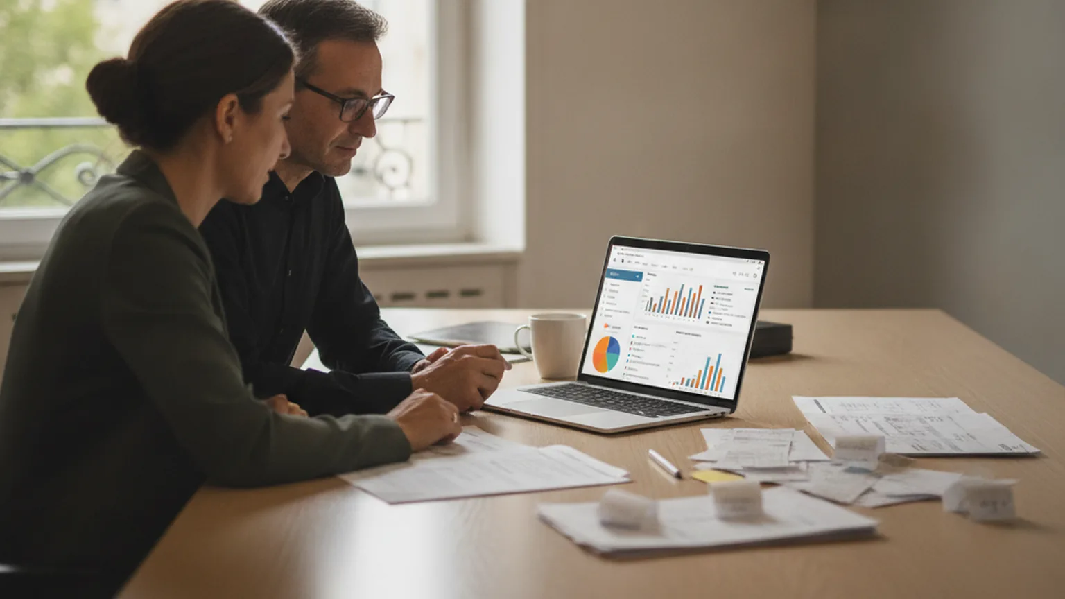 Une conseillère et un dirigeant de petite entreprise examinent un tableau de bord financier sur un ordinateur portable, factures étalées sur la table