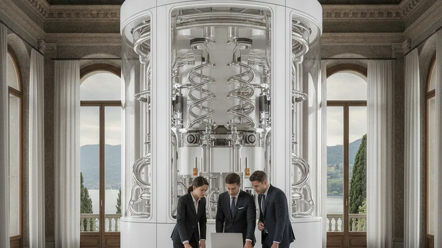 Un sistema di calcolo quantistico raffreddato a criogenia in una sala storica di una villa sul lago, con tre professionisti che consultano un portatile