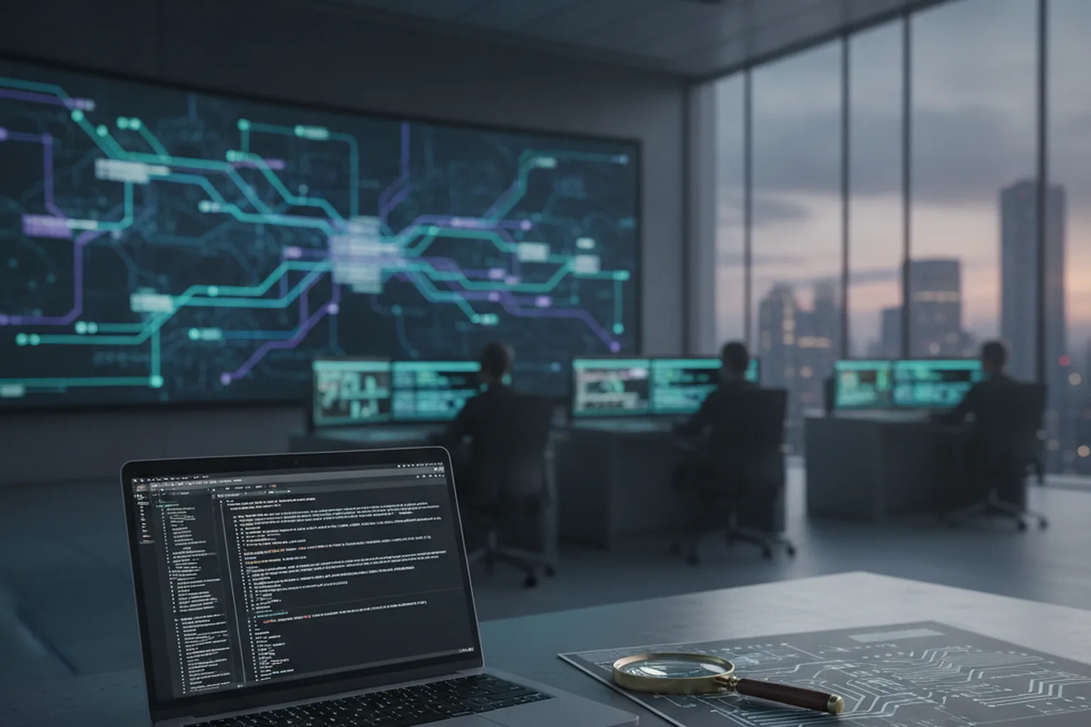 A dim industrial control room with operators at glowing consoles and a wall of network graphs, with a laptop showing code and a magnifying glass on circuit diagrams in the foreground, illustrating AI-assisted vulnerability review