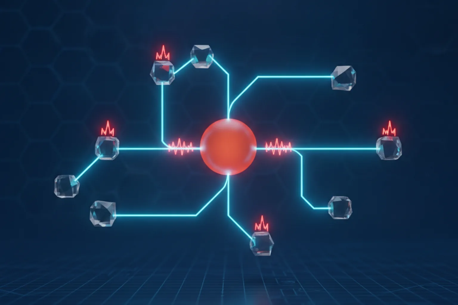 Abstract diagram of AI agent network nodes with glowing execution paths bypassing a central model node, red alert indicators on a dark blue background