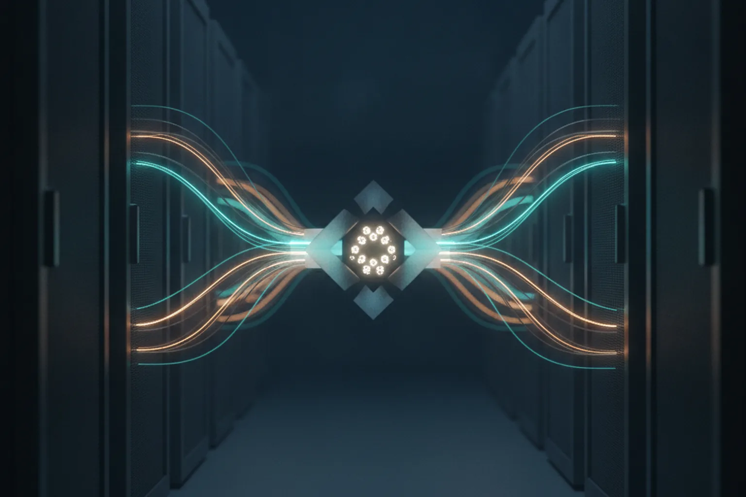 Glowing fiber-optic strands running down a dark data-center aisle and converging on a central network switch whose lit processing cores represent compute happening inside the network fabric
