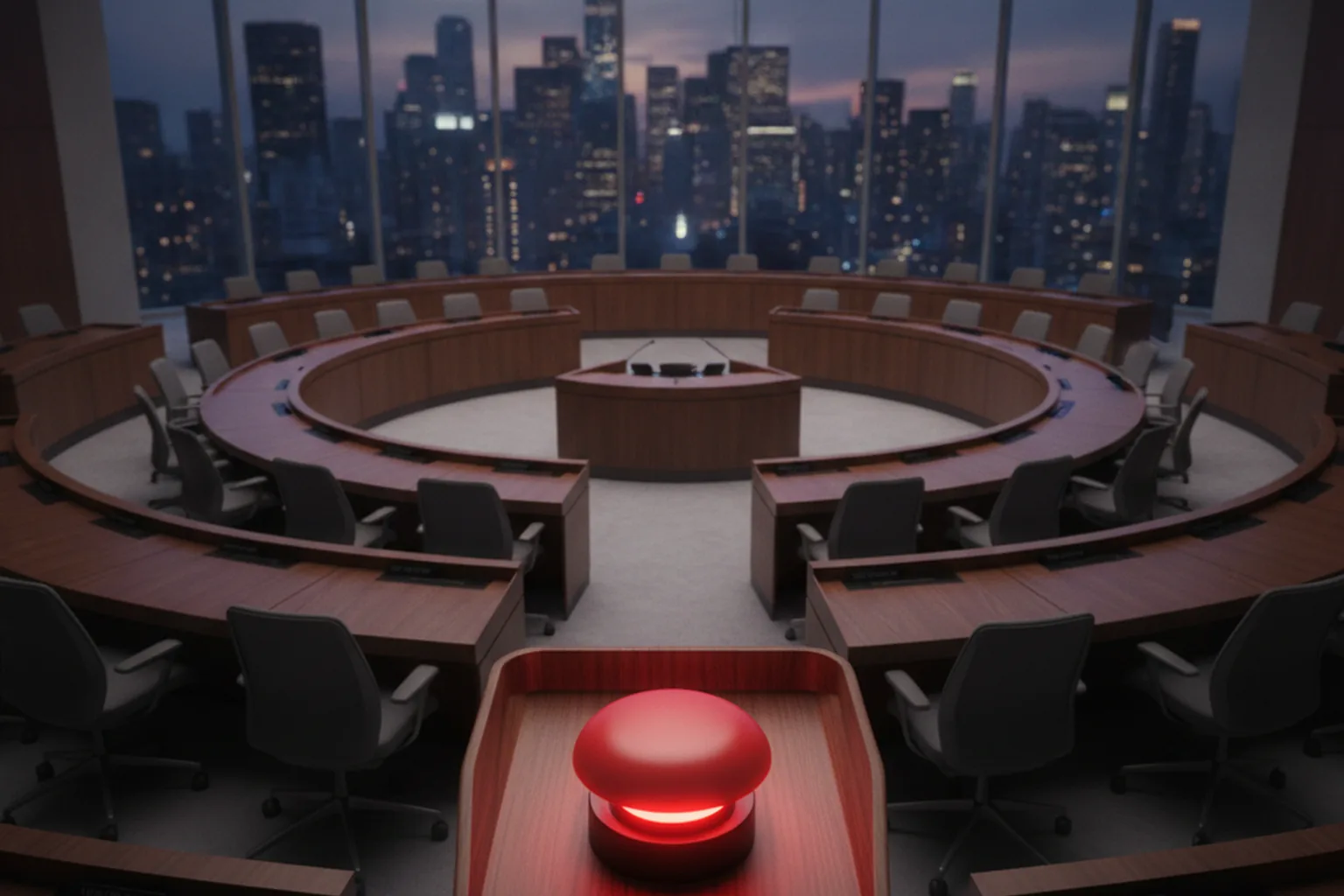 An empty city council chamber with curved wooden desks at dusk, a city skyline behind tall windows and a glowing red emergency stop button on a lectern in the foreground