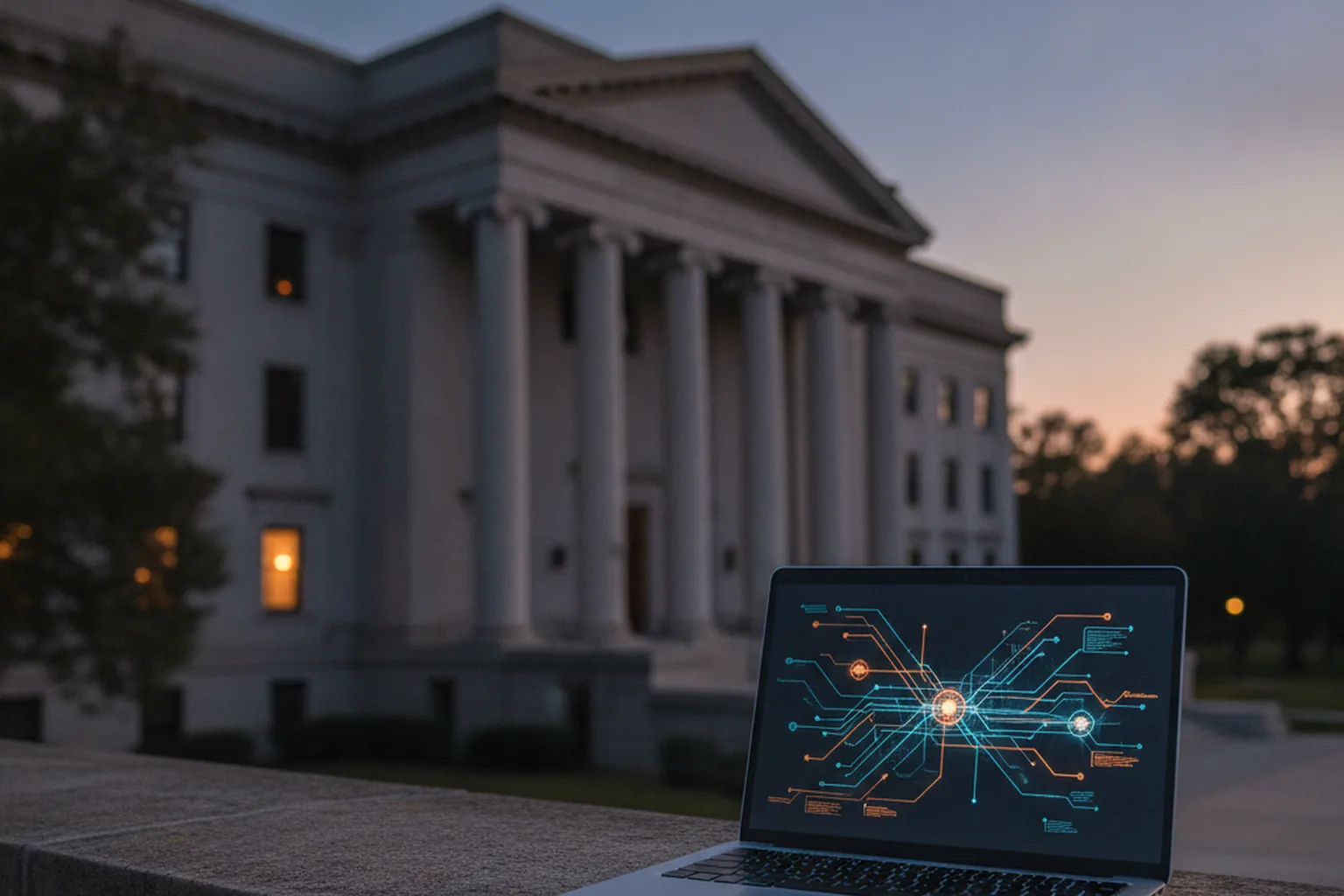 A classical courthouse with stone columns at dusk, with a laptop in the foreground showing a glowing network diagram