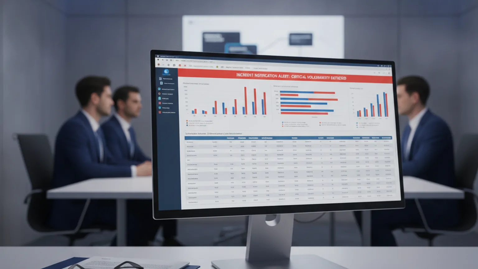 Dashboard di incident notification con allarme vulnerabilit&agrave; critica su monitor in ufficio cybersecurity, atmosfera professionale blu-grigio