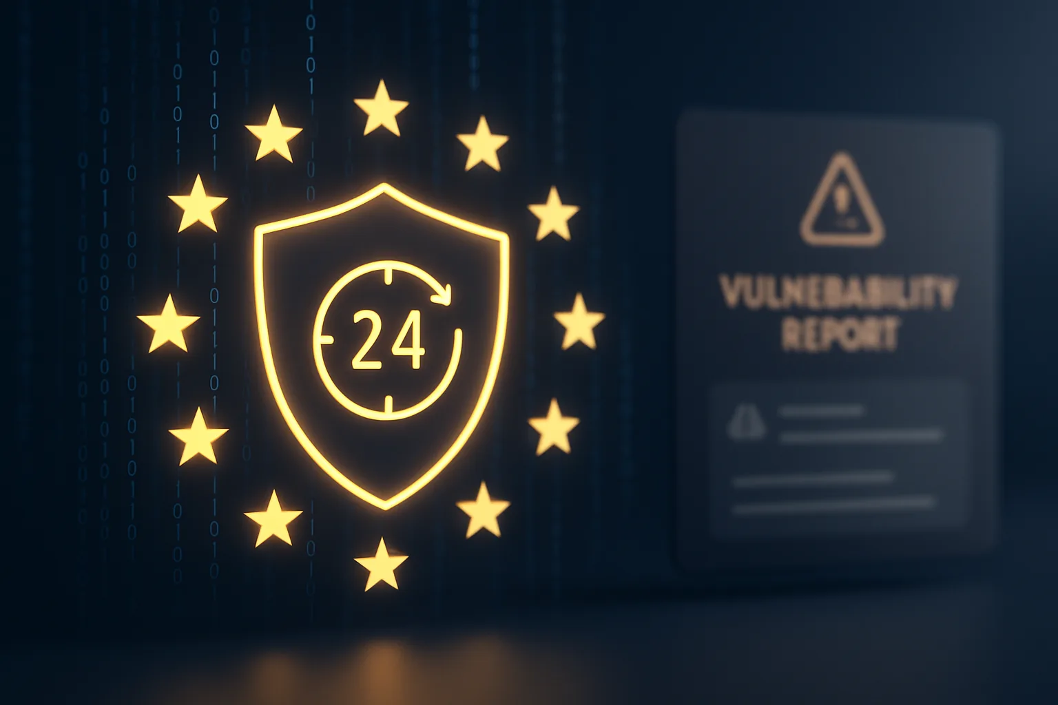 EU flag stars circling a glowing digital shield with a 24-hour clock symbol, and a Vulnerability Report notification panel in the background, representing the EU Cyber Resilience Act's mandatory reporting deadline