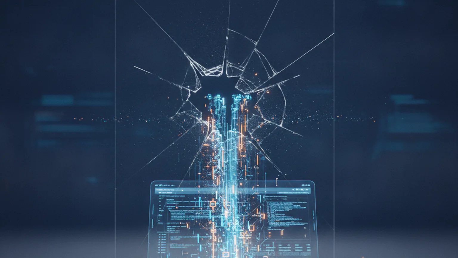 A floating code-editor window with a cracked glass sandbox barrier, a stream of malicious data leaking out toward a terminal prompt, in blue and amber on a deep navy background