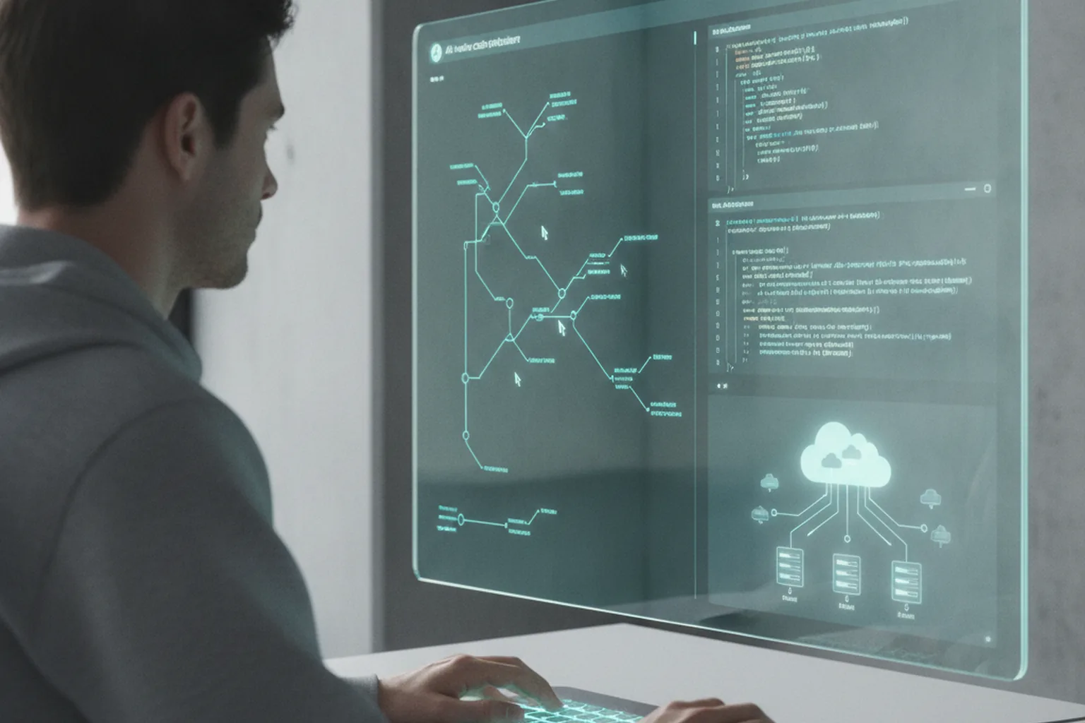 Developer at a dark workstation viewing a git branching diagram and code editor with cloud infrastructure diagram, representing AI-native code hosting