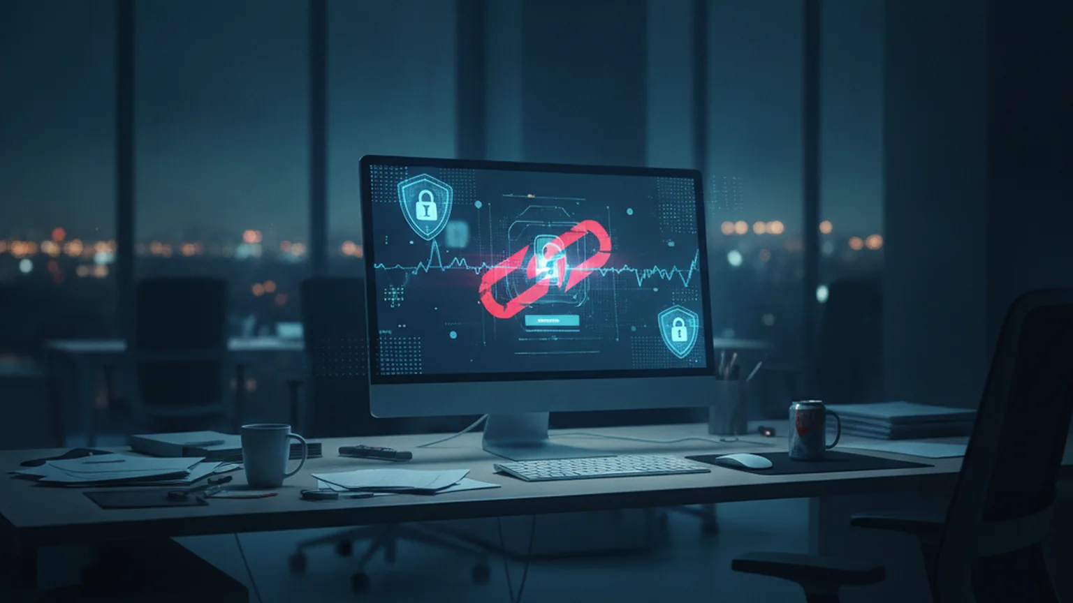 Poste de travail allumé dans un bureau administratif sombre la nuit, avec des icônes de cadenas et de bouclier en surimpression et un symbole de lien brisé rouge évoquant un compte compromis