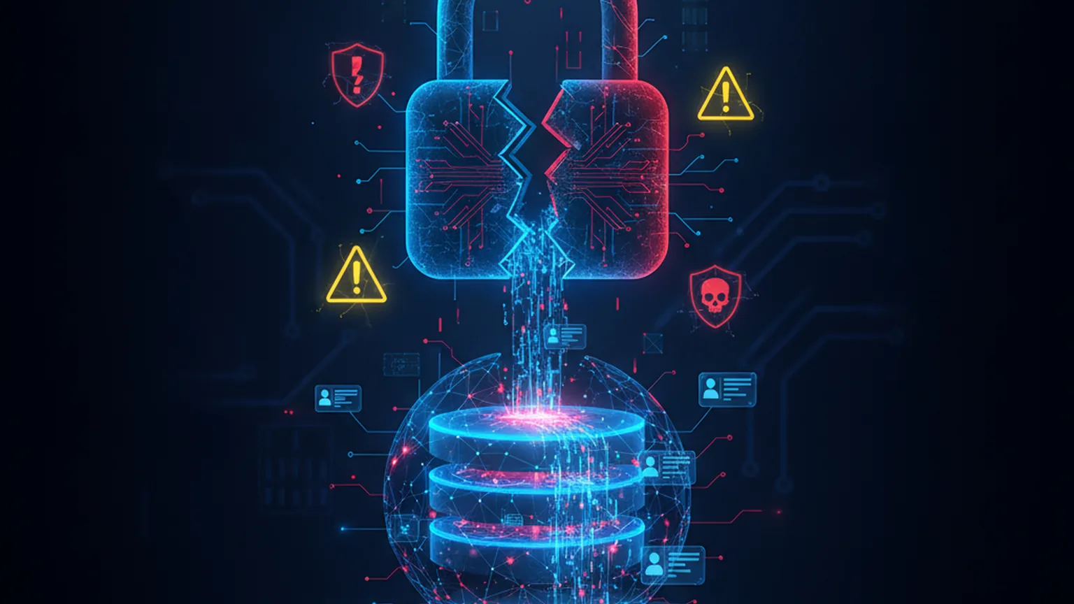 Illustration abstraite d'un cadenas numérique brisé au-dessus d'une base de données lumineuse, symboles d'alerte rouge et jaune, représentant une violation de données dans un logiciel de gestion d'adhérents