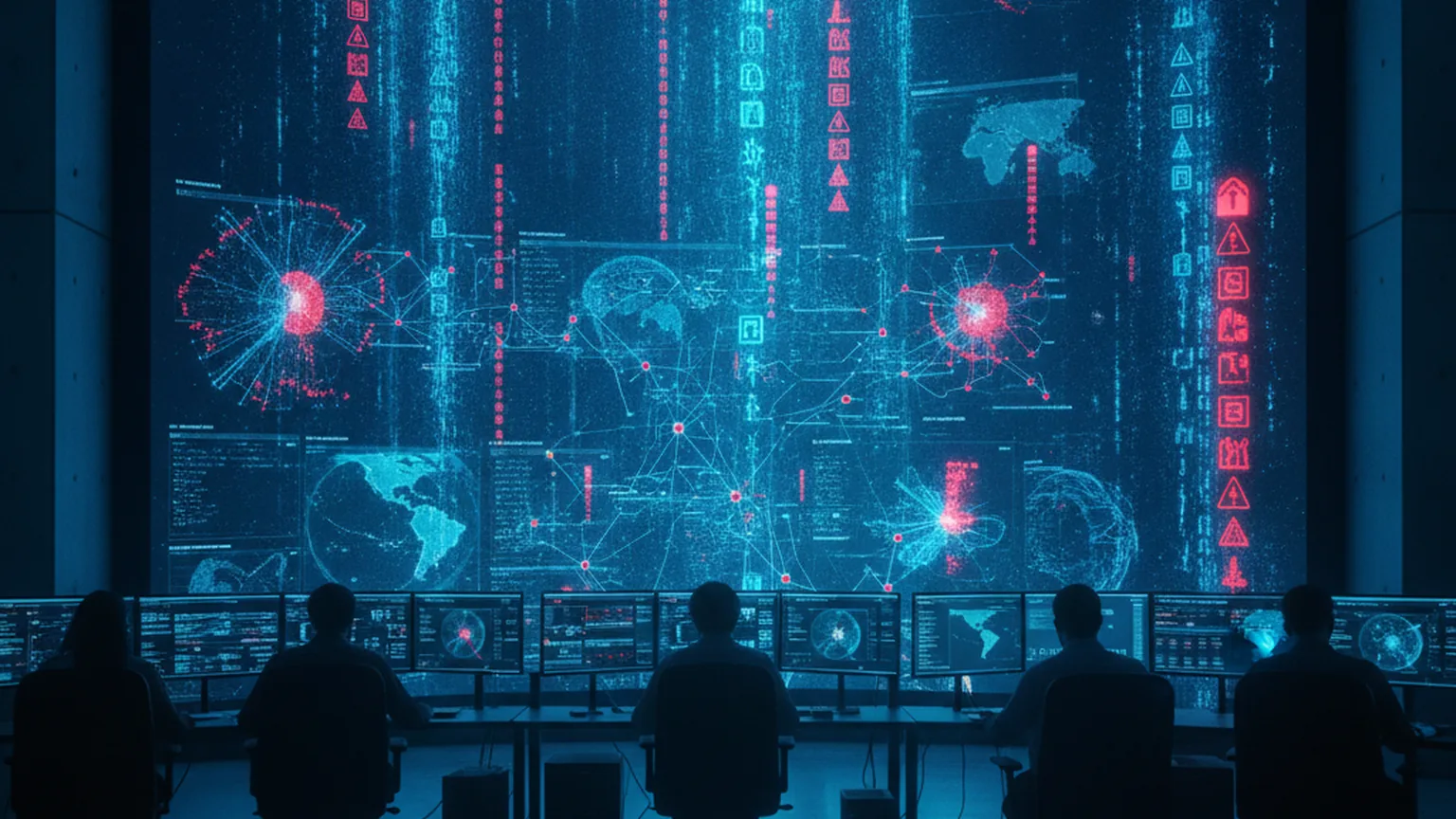 Centre opérationnel de sécurité de nuit : des analystes en silhouette face à un mur d'écrans affichant cartes réseau, flux de données et alertes rouges, illustrant des cyberattaques automatisées à la vitesse machine
