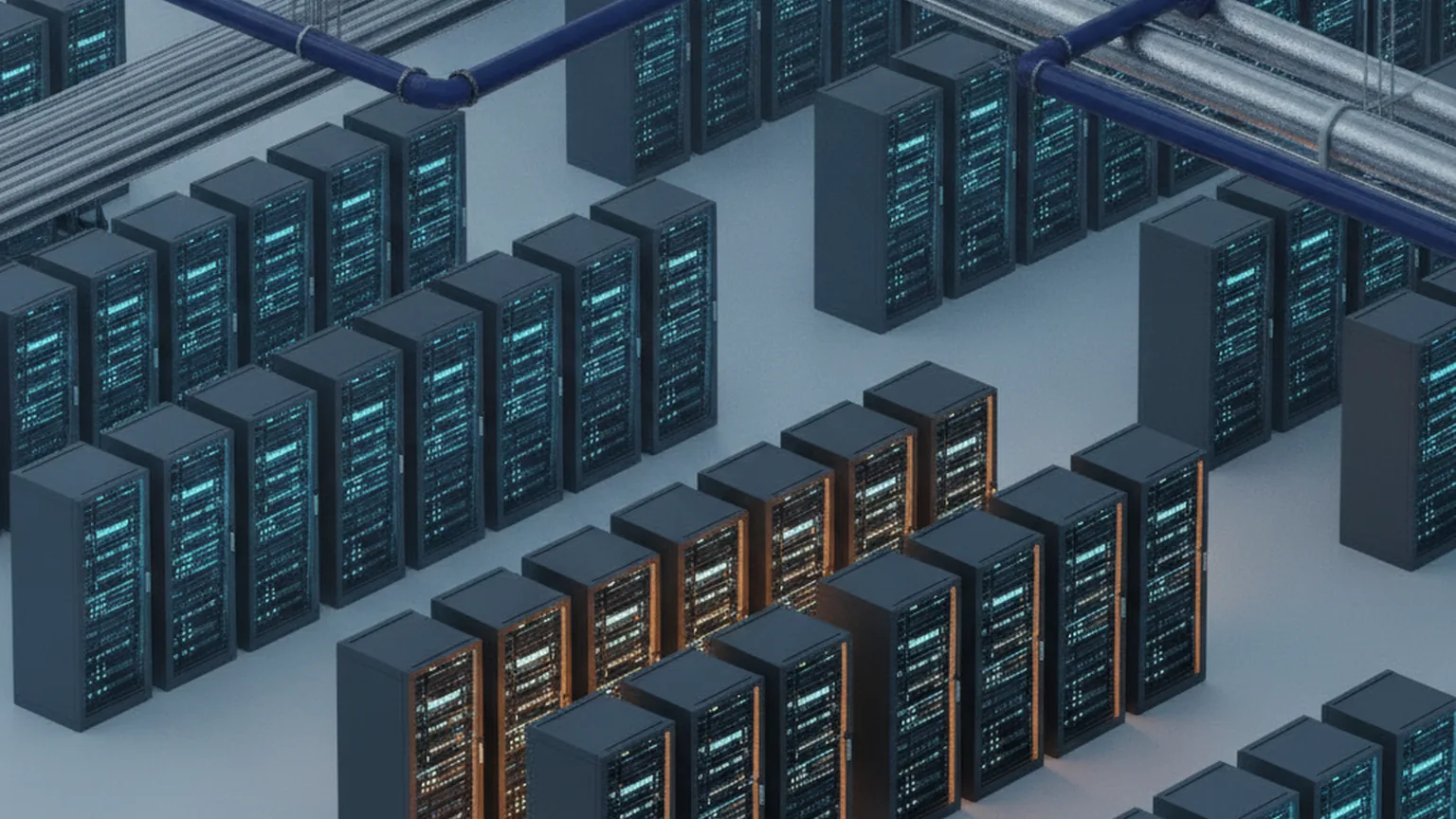 Isometric illustration of a data center hall with rows of fully occupied glowing server racks and one amber-lit row in the foreground