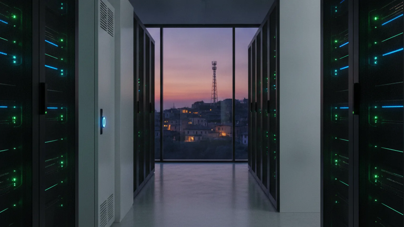 Corridoio di un data center con armadi server illuminati e, oltre la vetrata, un borgo collinare italiano con un traliccio di telecomunicazioni al tramonto
