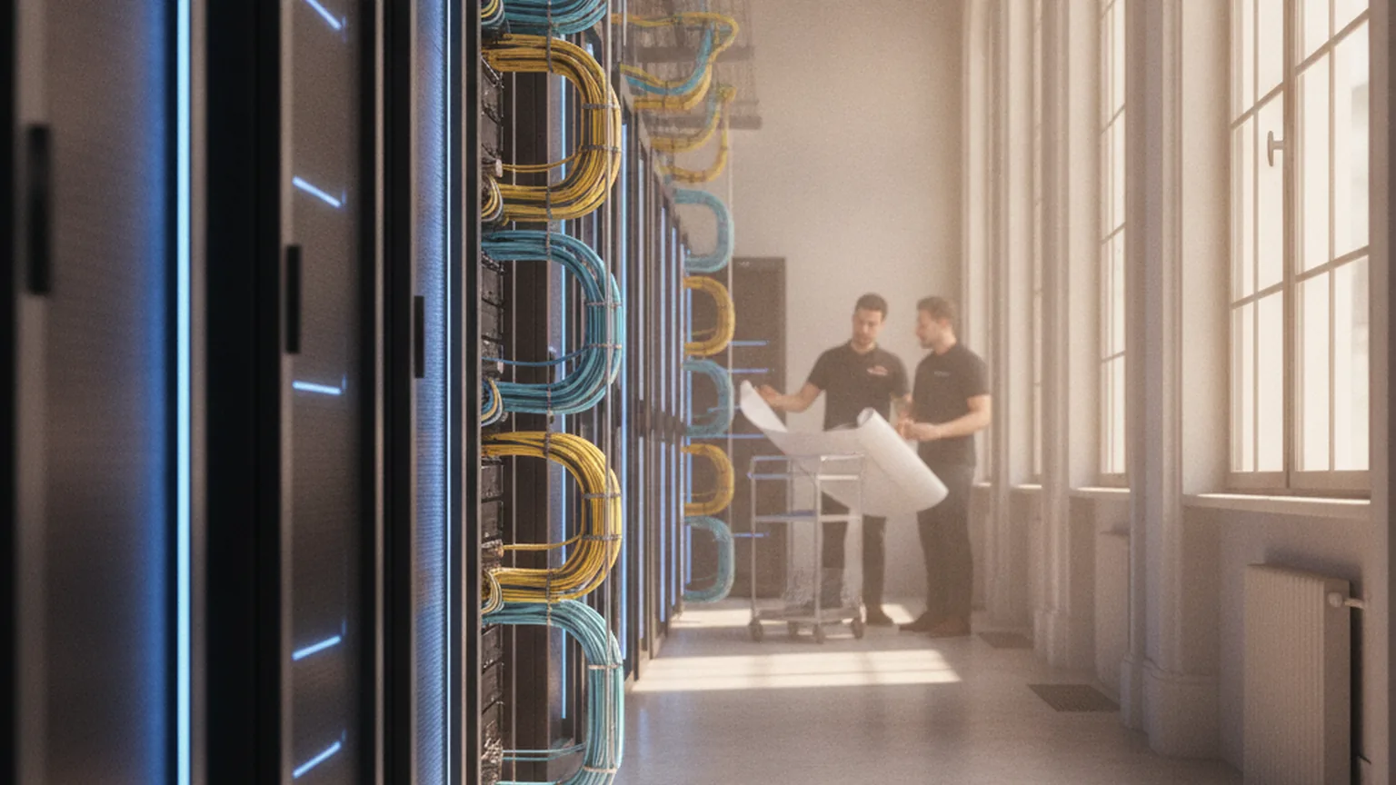 Corridoio di un data center in un edificio storico: armadi rack con cavi di rete ordinati e due tecnici che consultano una planimetria vicino alle finestre