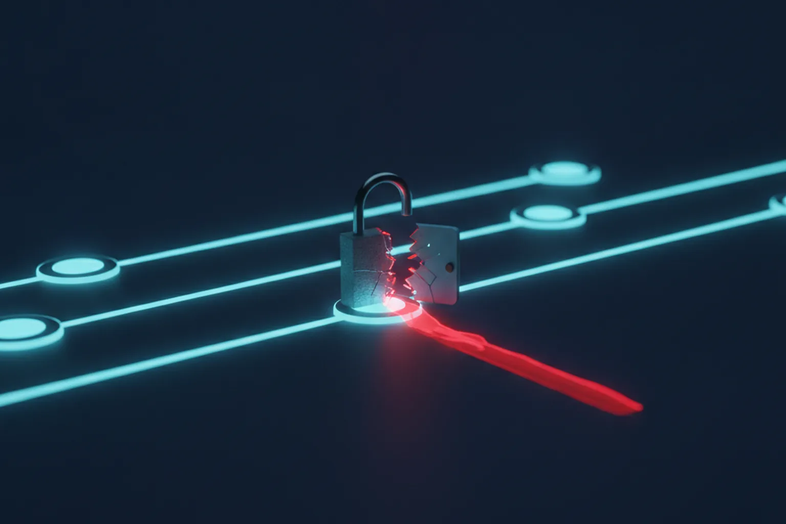 A broken padlock over a glowing cyan data pipeline with a red intrusion light slipping through, on a deep navy background, representing an authentication bypass in a workflow orchestrator