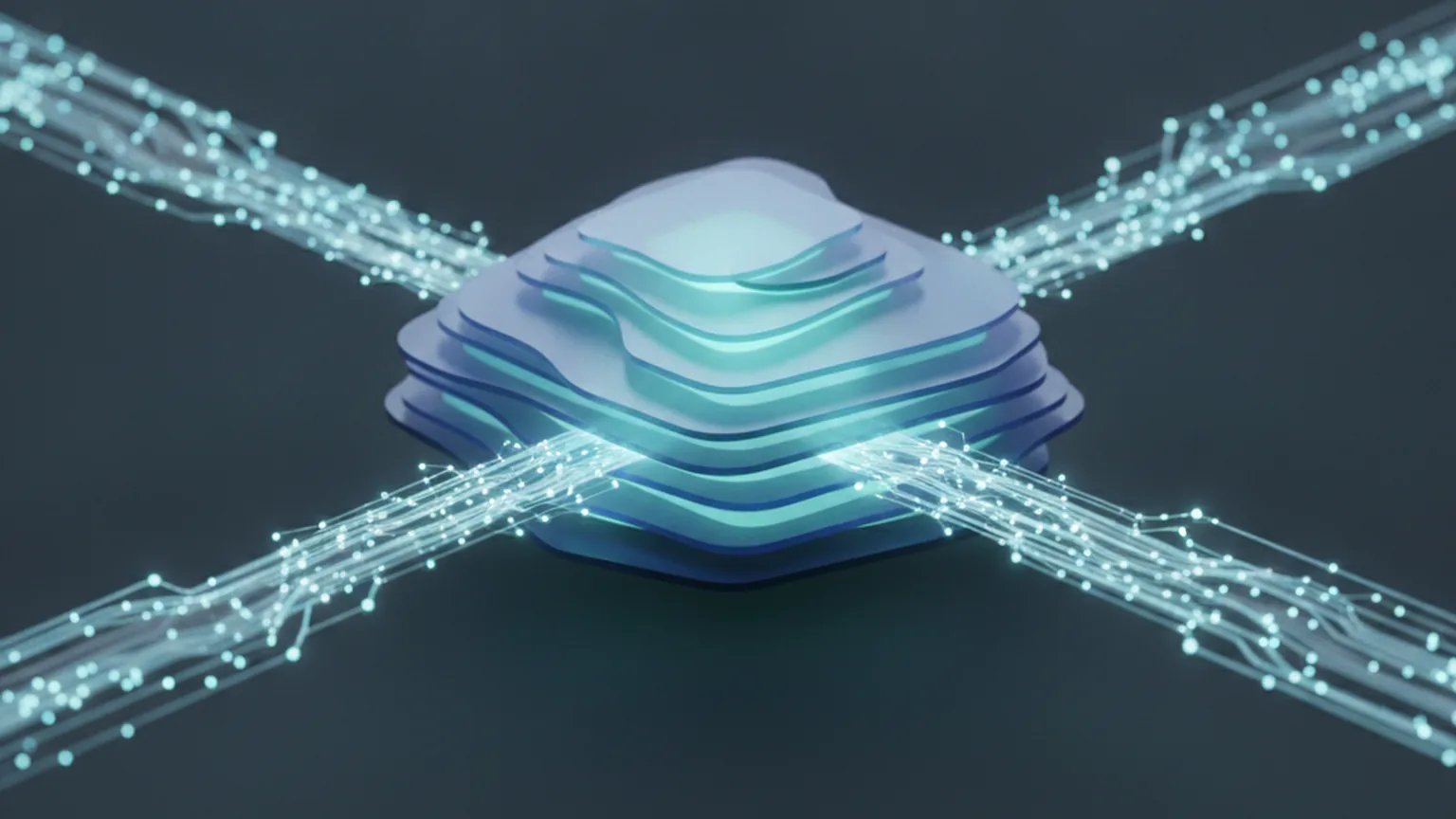 Abstract illustration of a large glowing layered data lakehouse structure with streams of light representing data flowing inward from four directions on a deep slate background