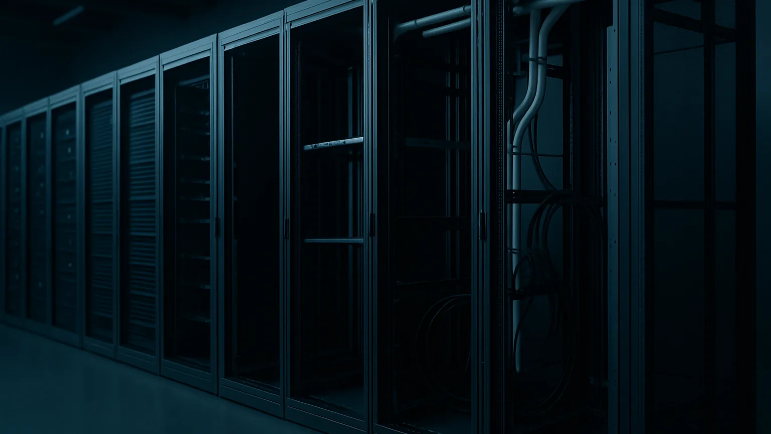A row of data center server racks in a dim blue-lit hall, several bays empty and unfinished with exposed cabling and cooling pipes, illustrating a delayed AI hardware buildout
