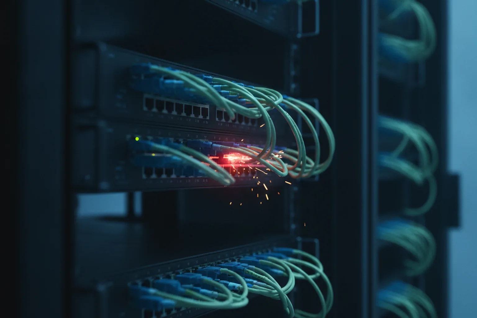 Nahaufnahme markenloser Rechenzentrums-Switches mit Glasfaserkabeln, ein Port leuchtet rot und sprüht Funken in einem dunkelblauen Serverraum