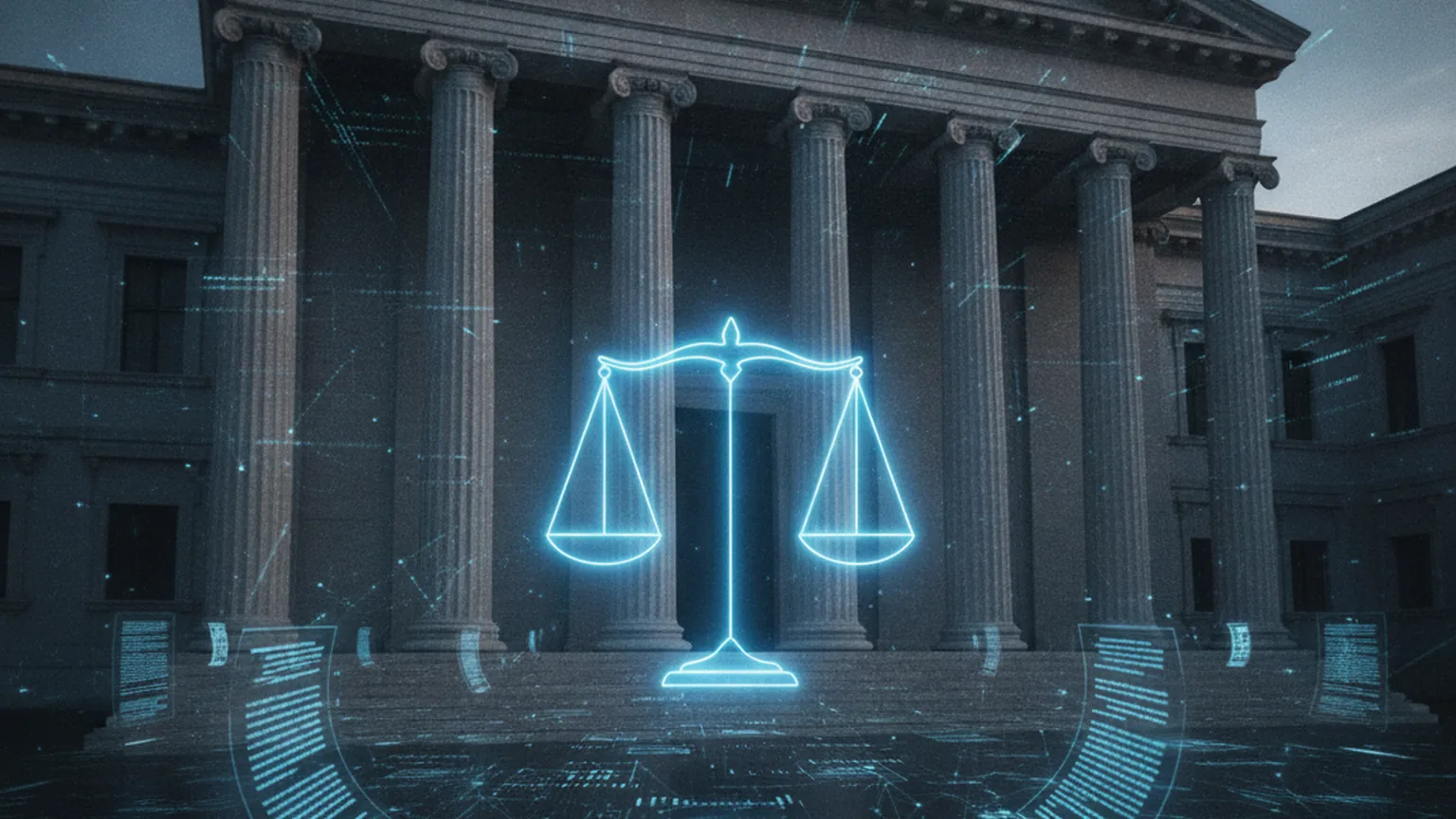 Palazzo di giustizia neoclassico al crepuscolo con bilancia al neon blu e overlay di reti neurali digitali, simbolo della nuova responsabilità penale per i sistemi IA ad alto rischio in Italia
