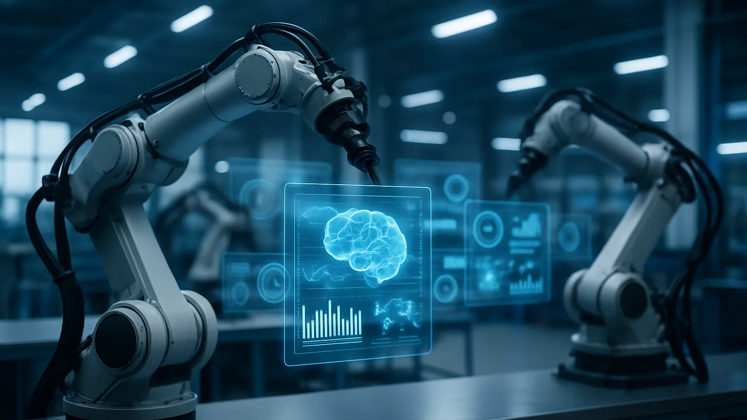 Bracci robotici industriali con interfaccia olografica AI in una fabbrica moderna illuminata da luce blu, a rappresentare l'adozione dell'intelligenza artificiale e della robotica nel manifatturiero italiano