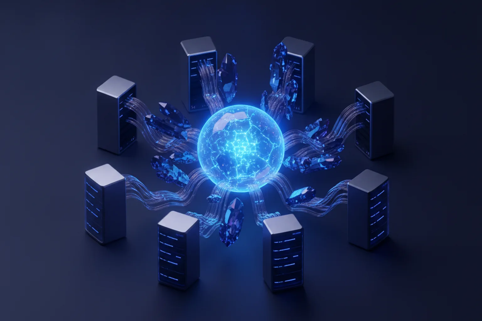 Isometric illustration of a glowing AI model core with mixture-of-experts shards radiating outward, connected to surrounding private server racks via secure data streams on a deep navy background