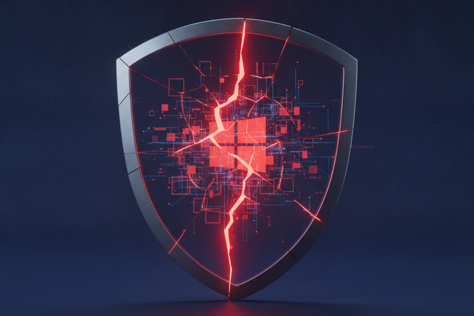Cracked digital security shield with red glowing fractures on a dark blue background, representing a zero-day exploit bypassing Windows Defender protections