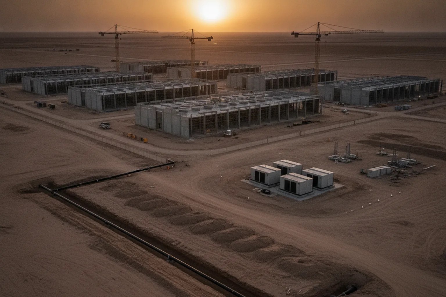 An unfinished hyperscale data center campus in the desert at sunset, with idle cranes, unpowered fuel cell units and a gas pipeline trench that stops short of the site