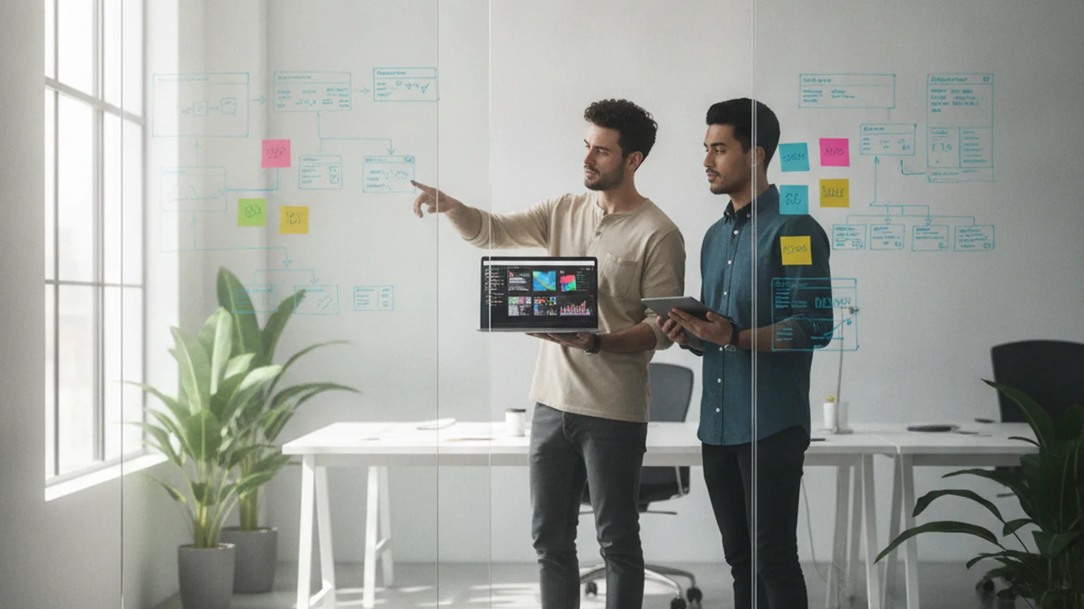 Deux concepteurs produit discutent devant une paroi vitrée couverte de maquettes d&rsquo;interface et de notes adhésives, un ordinateur portable affiche des tableaux de bord