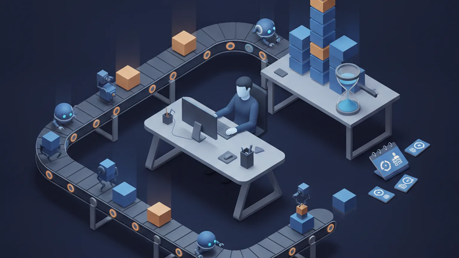 Isometric illustration of a developer at a desk while small robots fill a conveyor belt with code blocks and a tall stack of blocks waits on a review table beside an hourglass and meeting calendar cards