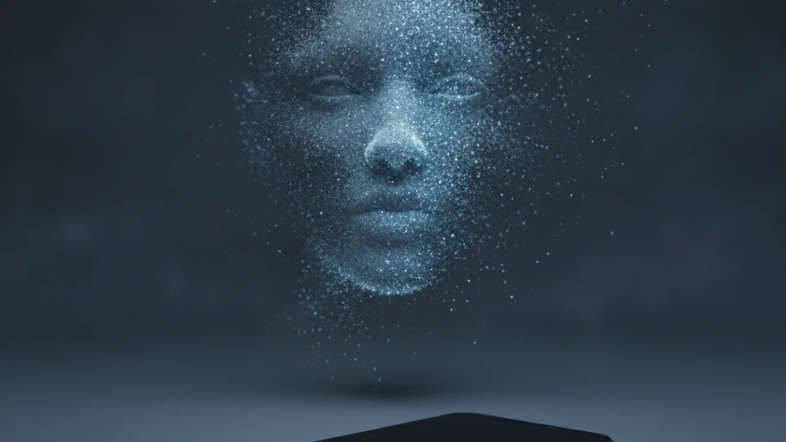 A glowing humanlike digital avatar dissolving into a dark background above a smartphone with a blank chat screen, illustrating China switching off anthropomorphic AI companion services