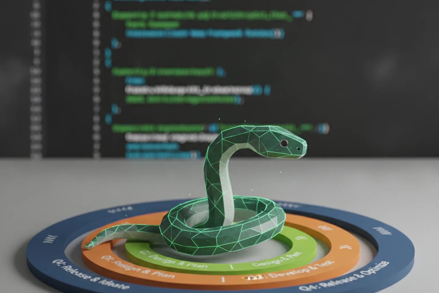 Geometric green snake coiled on a colorful annual release cycle diagram with backend code editor in dark mode, representing Python web framework versioning