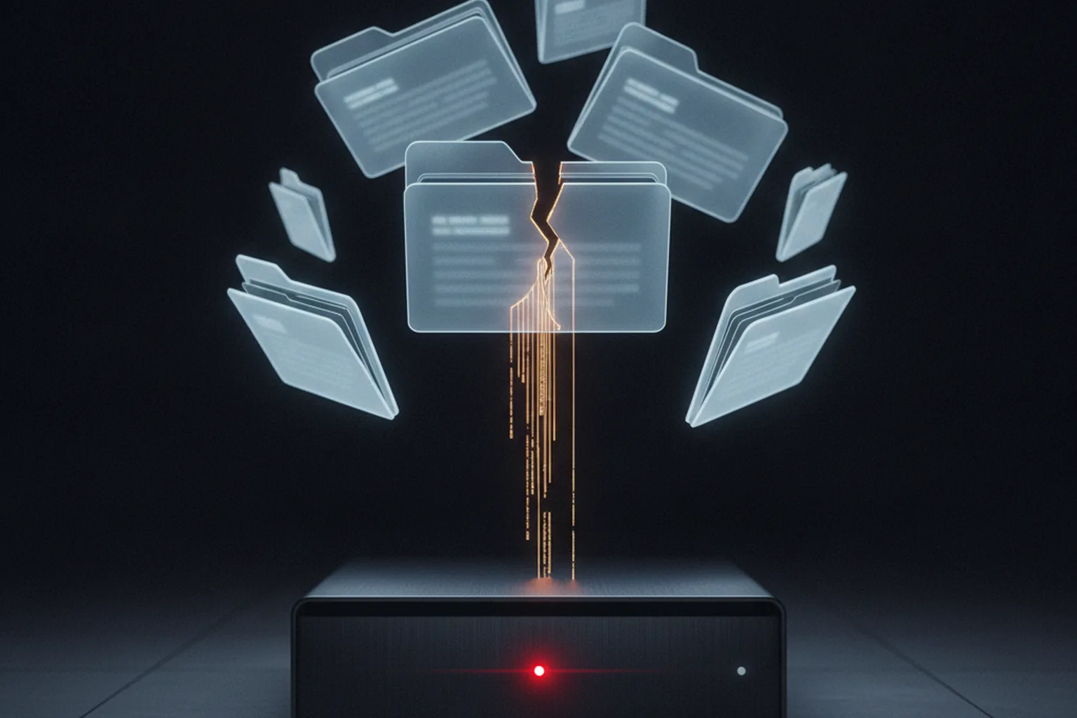 A dark on-premises server with a red warning light and translucent document folders floating above it, one cracked open with amber code leaking out, illustrating an exploited document server