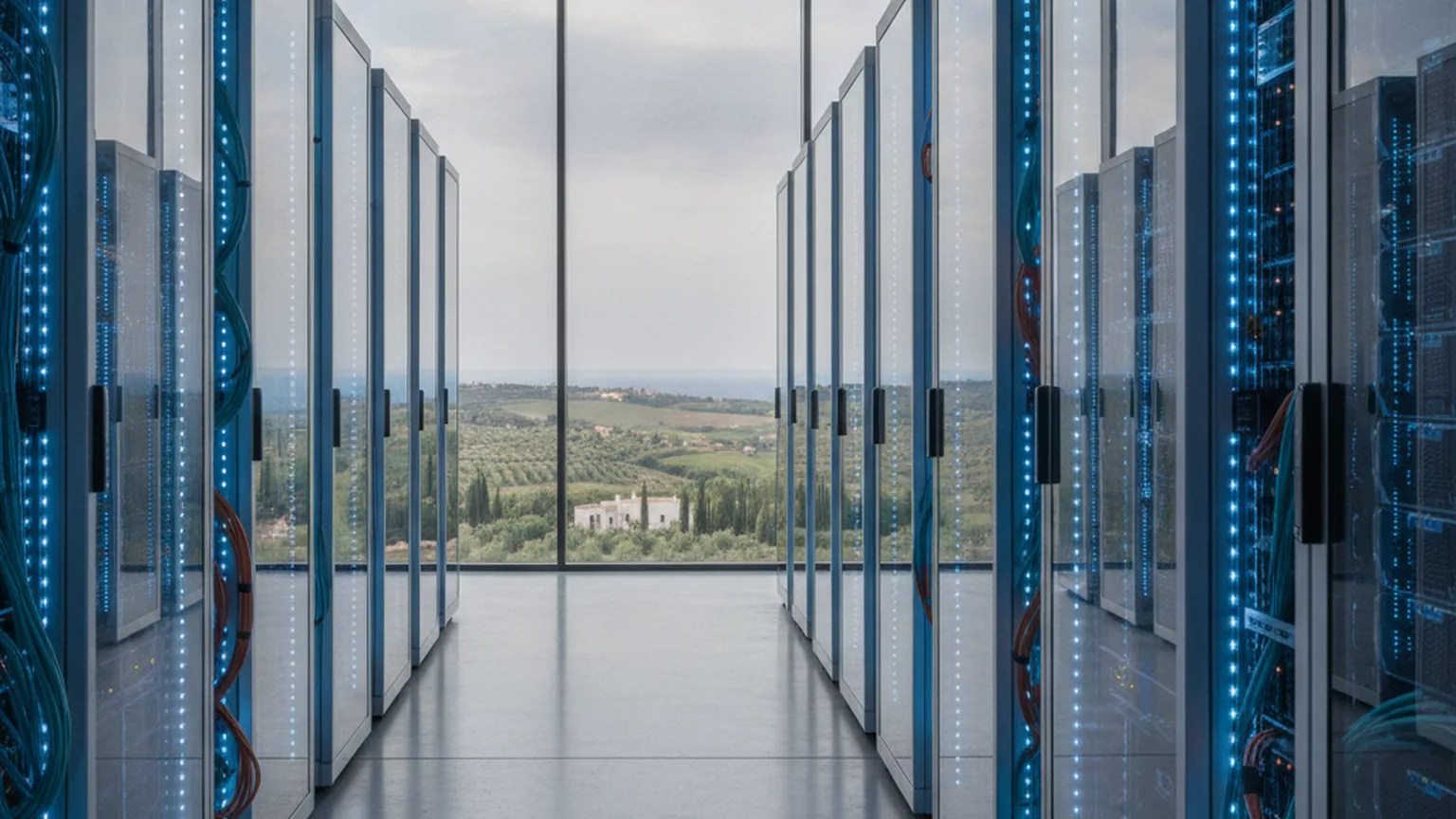 Corridoio di server rack con illuminazione LED blu in un data center moderno, con paesaggio italiano collinare visibile attraverso ampie vetrate, a rappresentare l'infrastruttura AI del Colosseum nel Sud Italia