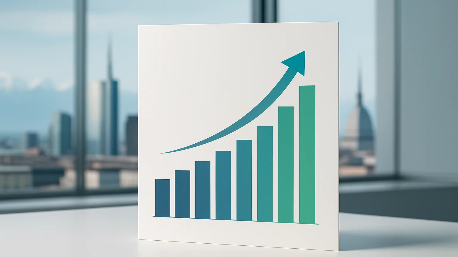 Grafico a barre con freccia crescente che rappresenta la crescita del venture capital nell'ecosistema tech italiano nel primo semestre 2026, sullo sfondo skyline di una citta italiana